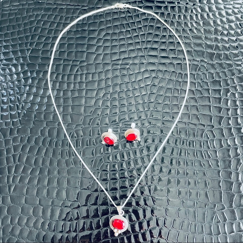 Vintage ATI Mexico Red Jasper Sterling Silver Pendant Necklace Earrings … - Picture 6 of 9